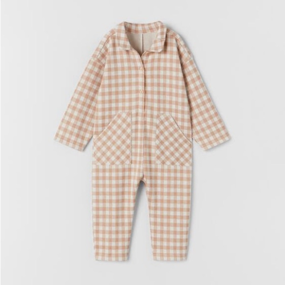Zara Baby Girl beige checkered long sleeve jumpsuit